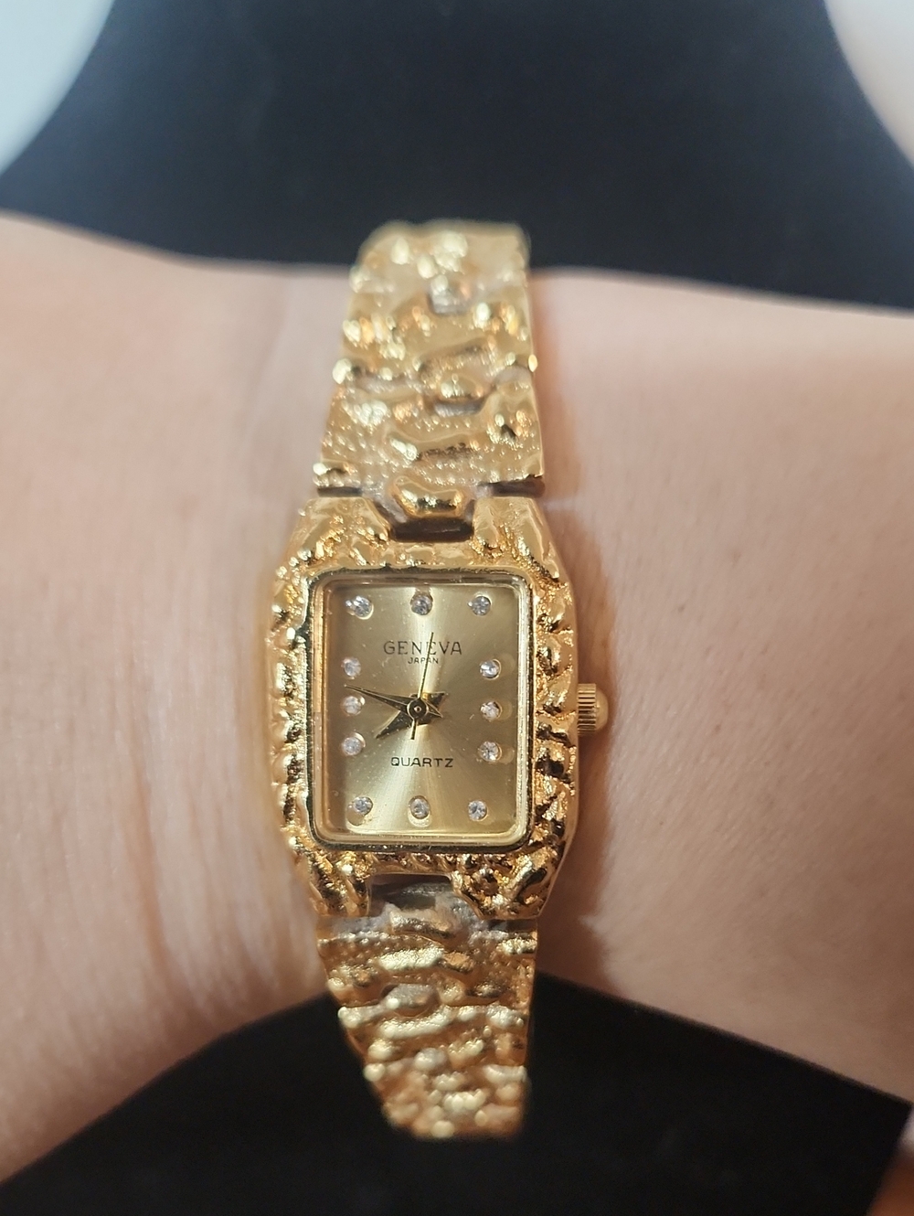 Geneva Quartz Gold Nugget Textured Watch with Crystal Markers